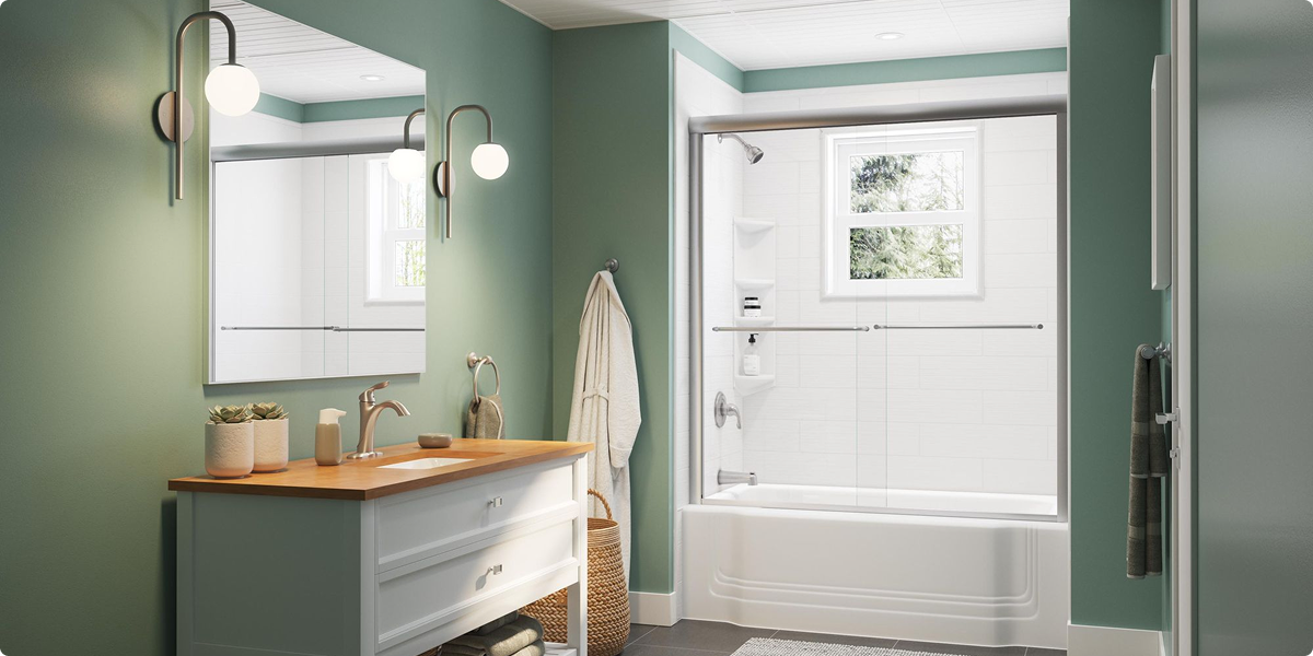 Green bathroom with acrylic liner 
